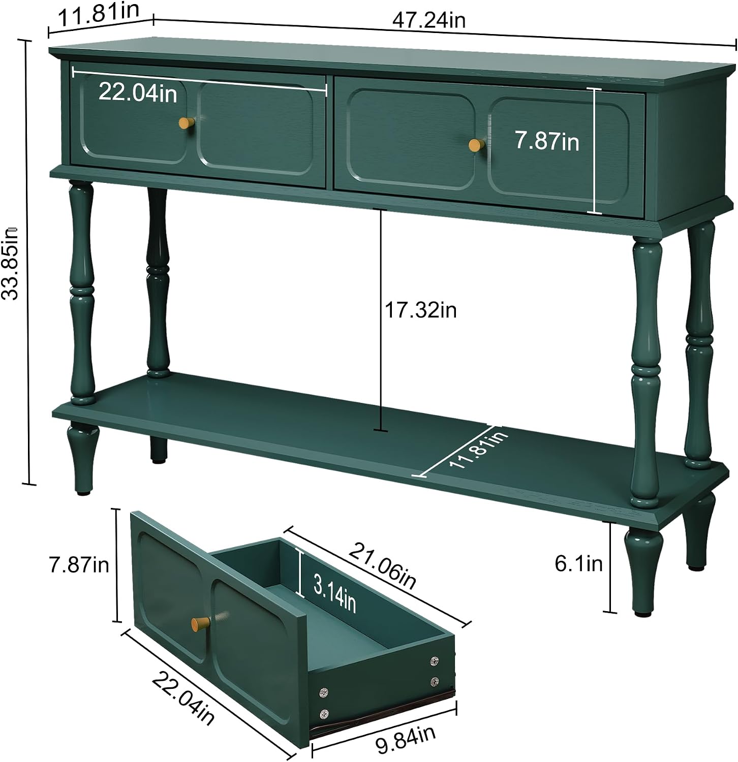 ARTPOWER 47" Mid-Century Console Table, 2 Drawers and Open Shelf, Green | Entryway Table with Storage, Narrow Behind Couch Table for Living Room, Foyer, Hallway — photo 2