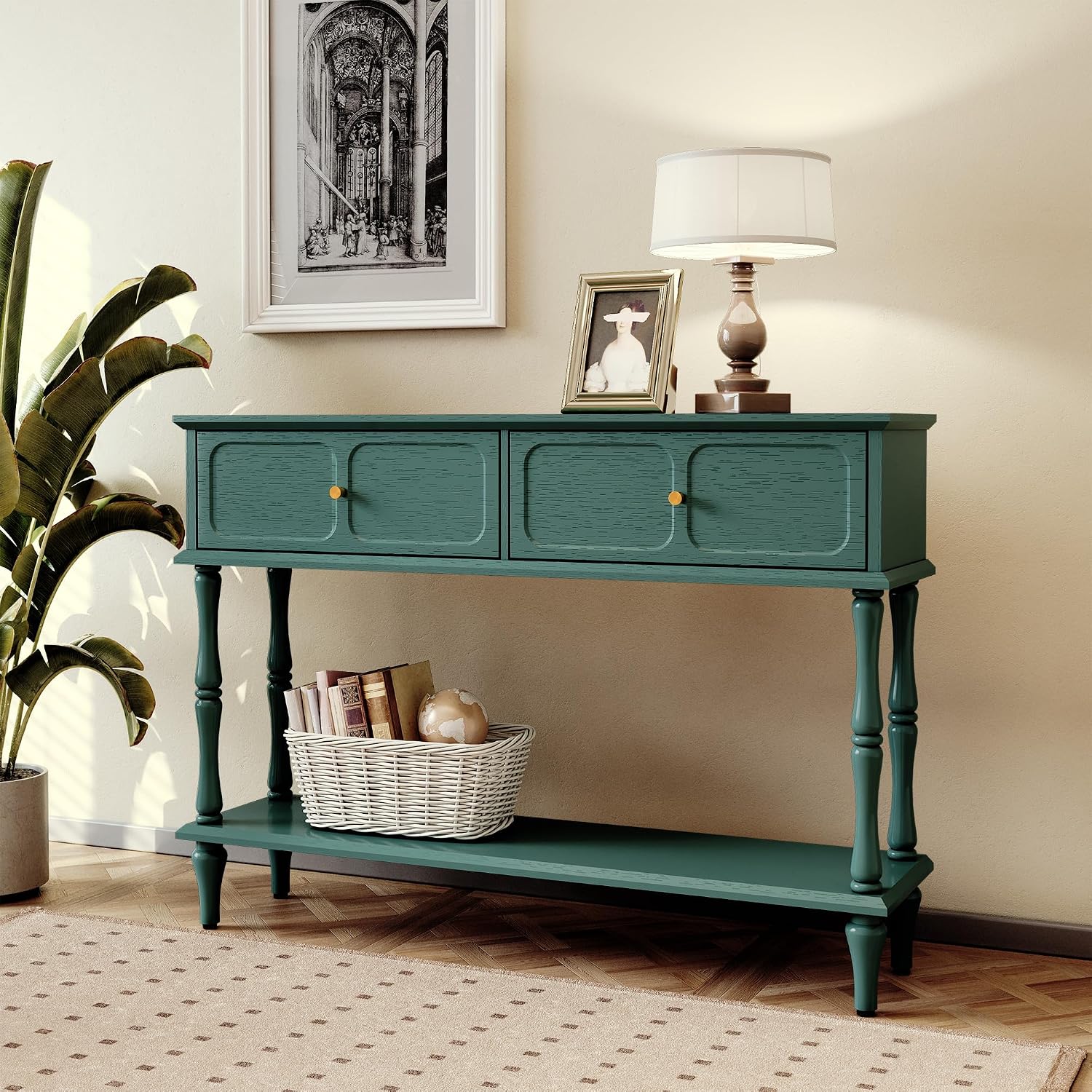 ARTPOWER 47" Mid-Century Console Table, 2 Drawers and Open Shelf, Green | Entryway Table with Storage, Narrow Behind Couch Table for Living Room, Foyer, Hallway — photo 3