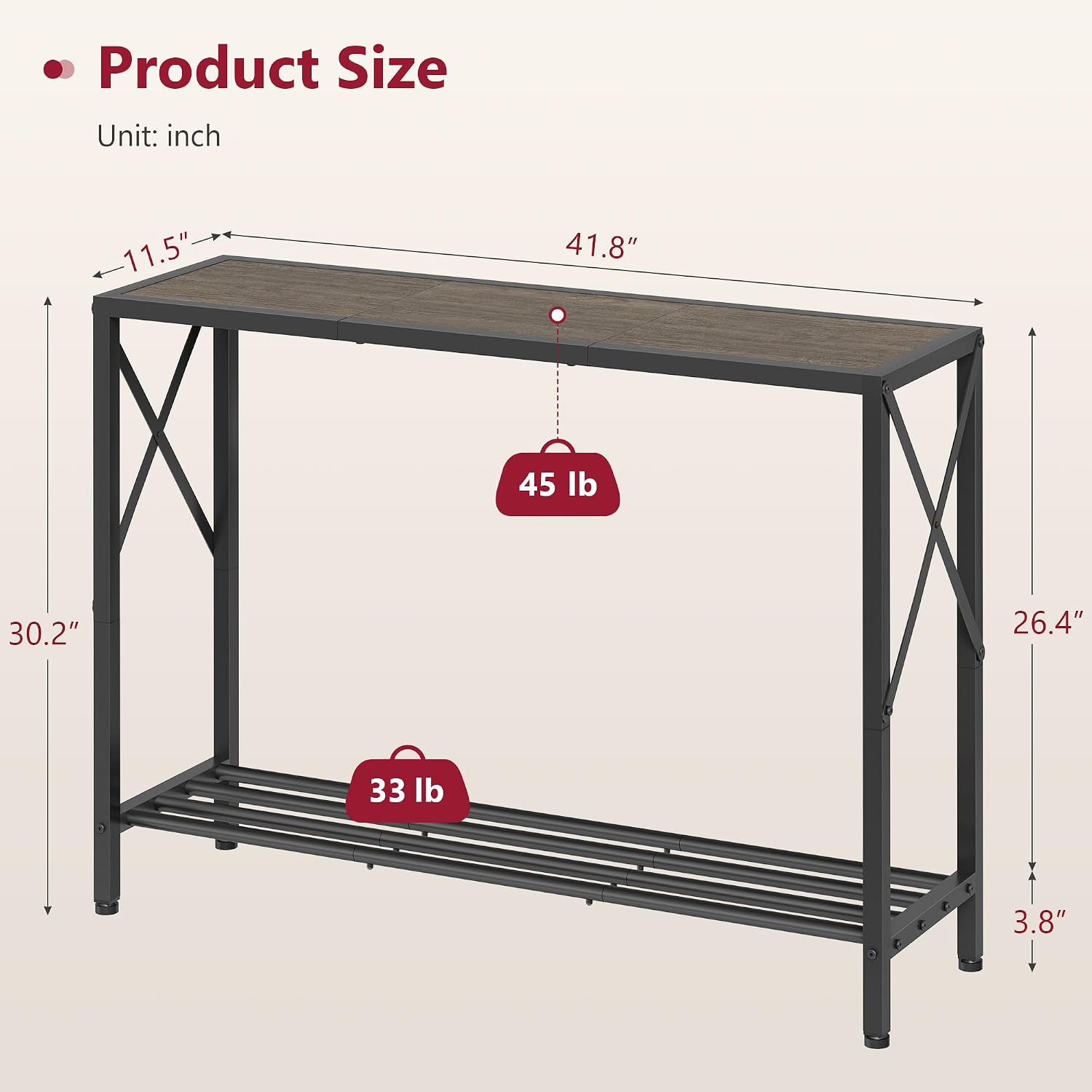 Tajsoon Console Table 41.8", 2 Tier Entryway Table with Storage Shelves | Narrow Sofa Table with Stable X-Frame, Entryway Table for Hallway, Dark Grey — photo 3