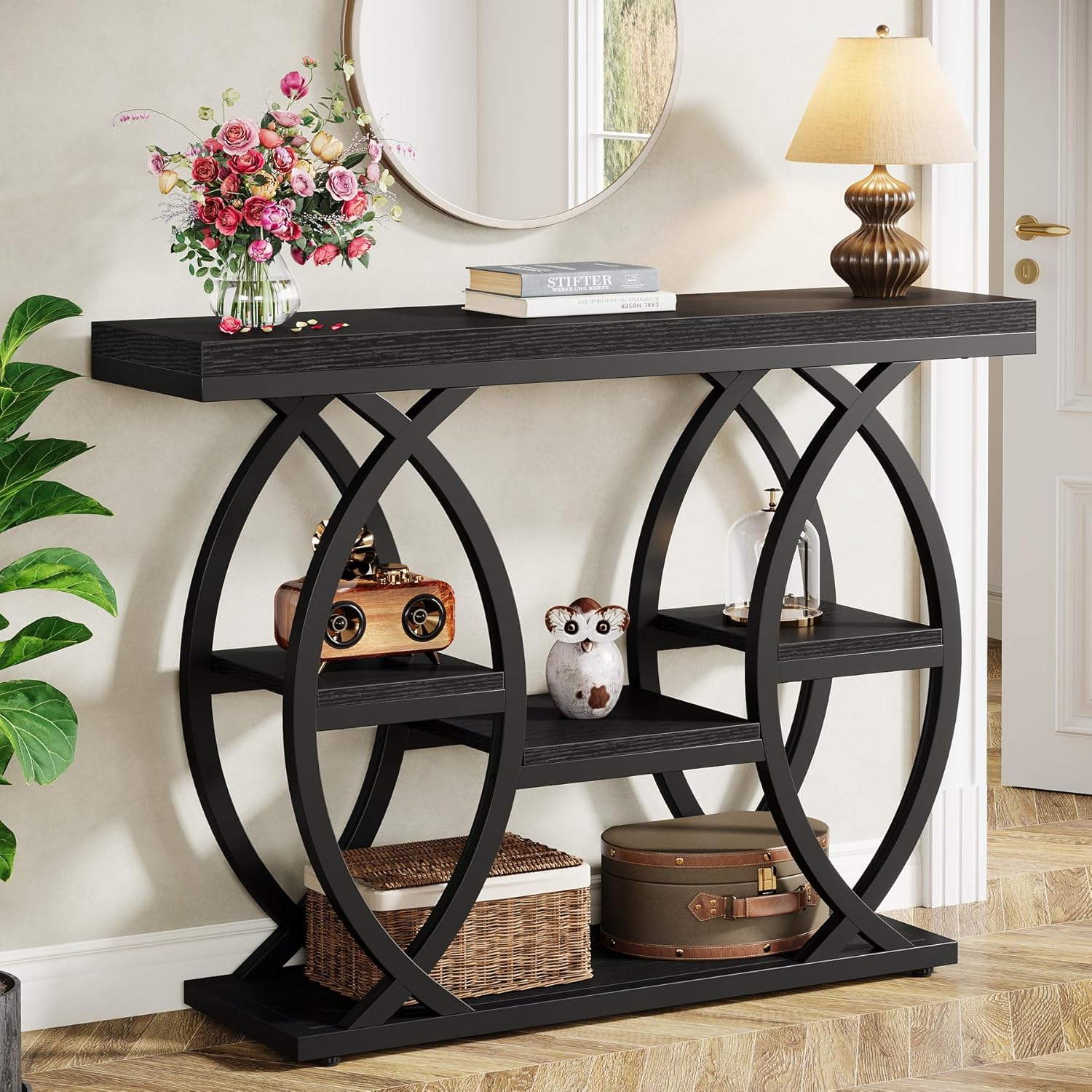 Tribesigns 39.4" Console Table, 4-Tier Sofa Table, Accent Tables, Black | Storage Shelves, Wood Tabletop with Metal Frame, Industrial Style, For Narrow Entryway, Hallway, Behind the Couch