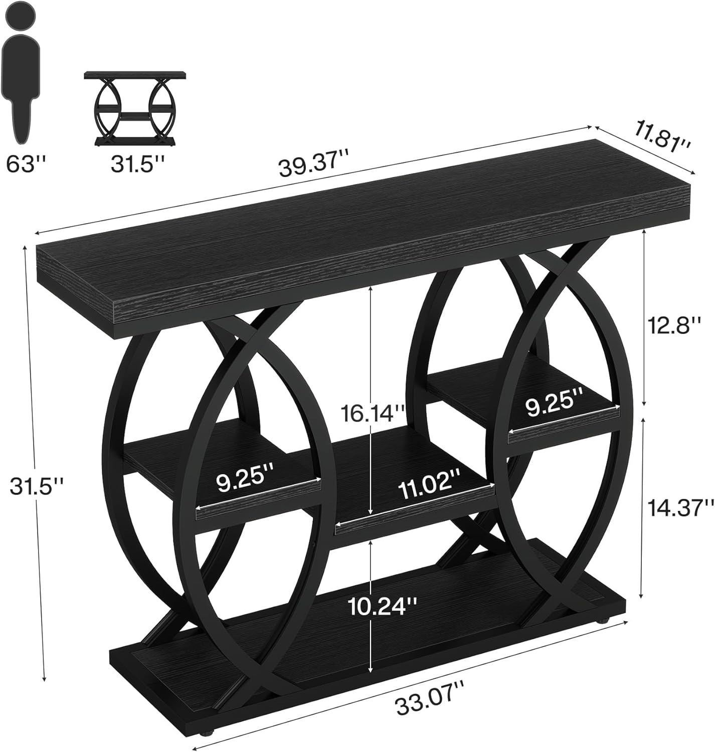 Tribesigns 39.4" Console Table, 4-Tier Sofa Table, Accent Tables, Black | Storage Shelves, Wood Tabletop with Metal Frame, Industrial Style, For Narrow Entryway, Hallway, Behind the Couch — photo 2