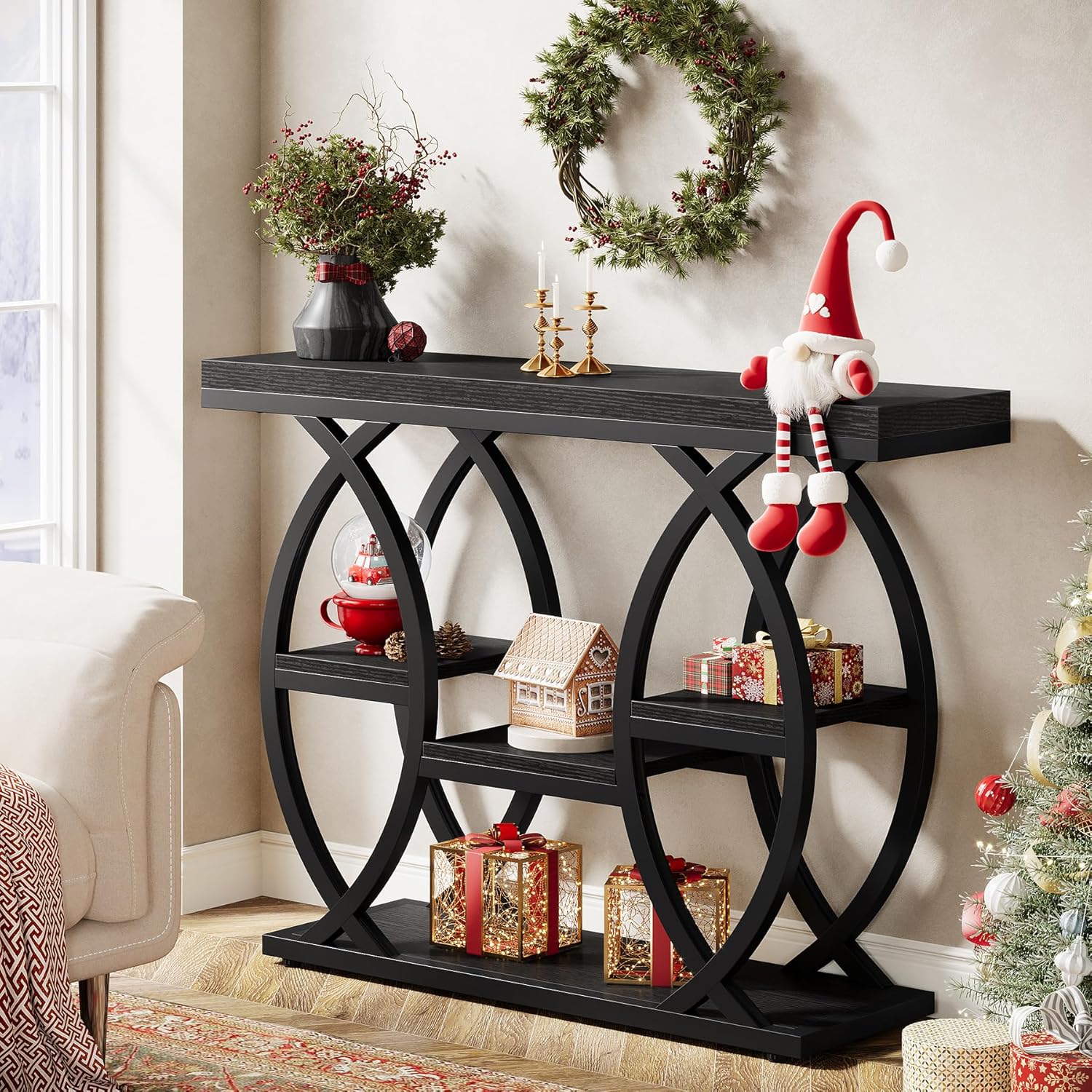 Tribesigns 39.4" Console Table, 4-Tier Sofa Table, Accent Tables, Black | Storage Shelves, Wood Tabletop with Metal Frame, Industrial Style, For Narrow Entryway, Hallway, Behind the Couch — photo 3