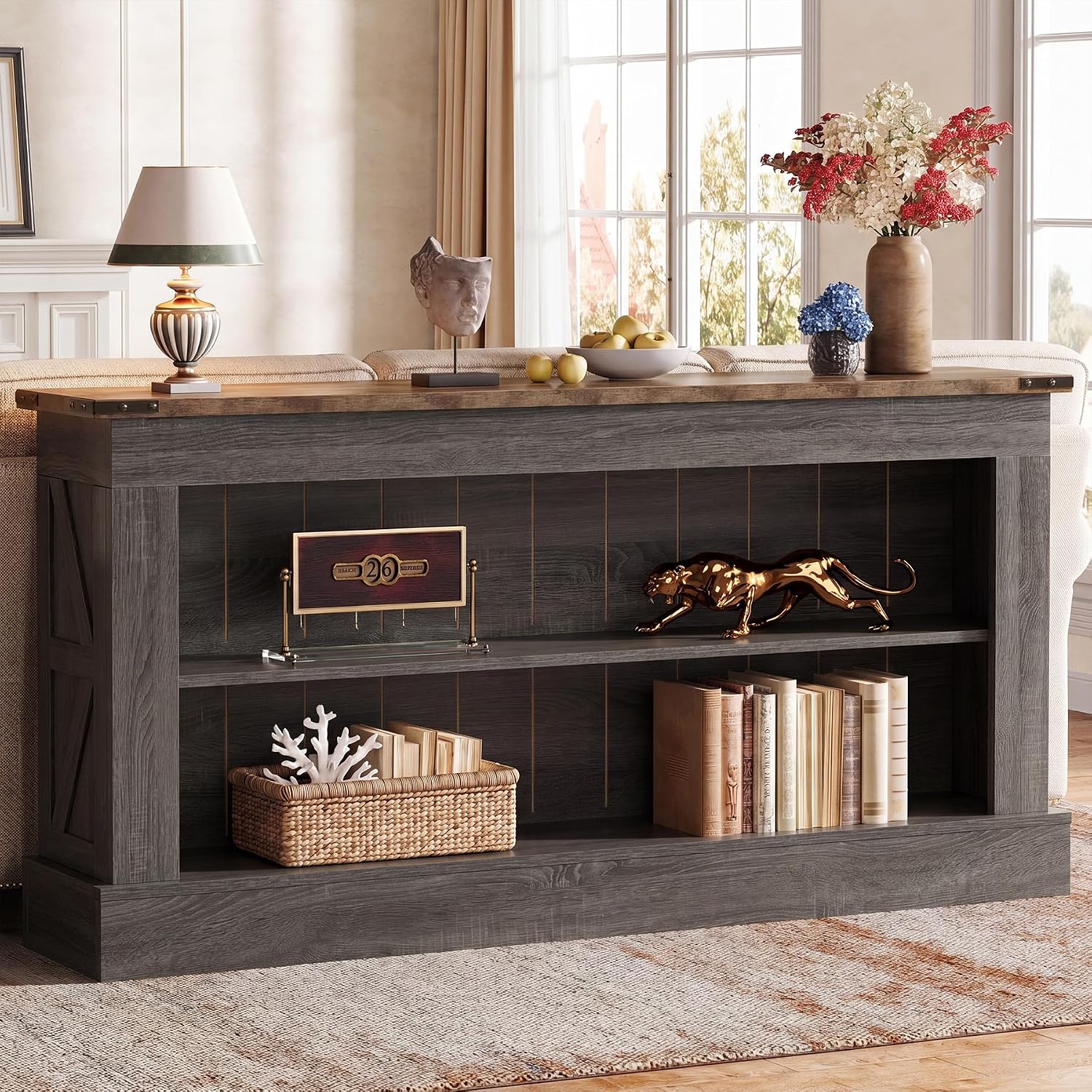 Tribesigns 63" Console Table, 3-Tier Entryway Table with Storage Shelves | Farmhouse Sofa Table, Engineered Wood, Up to 300 lb Capacity, Long Console Table for Living Room, for Foyer, Hallway, Black