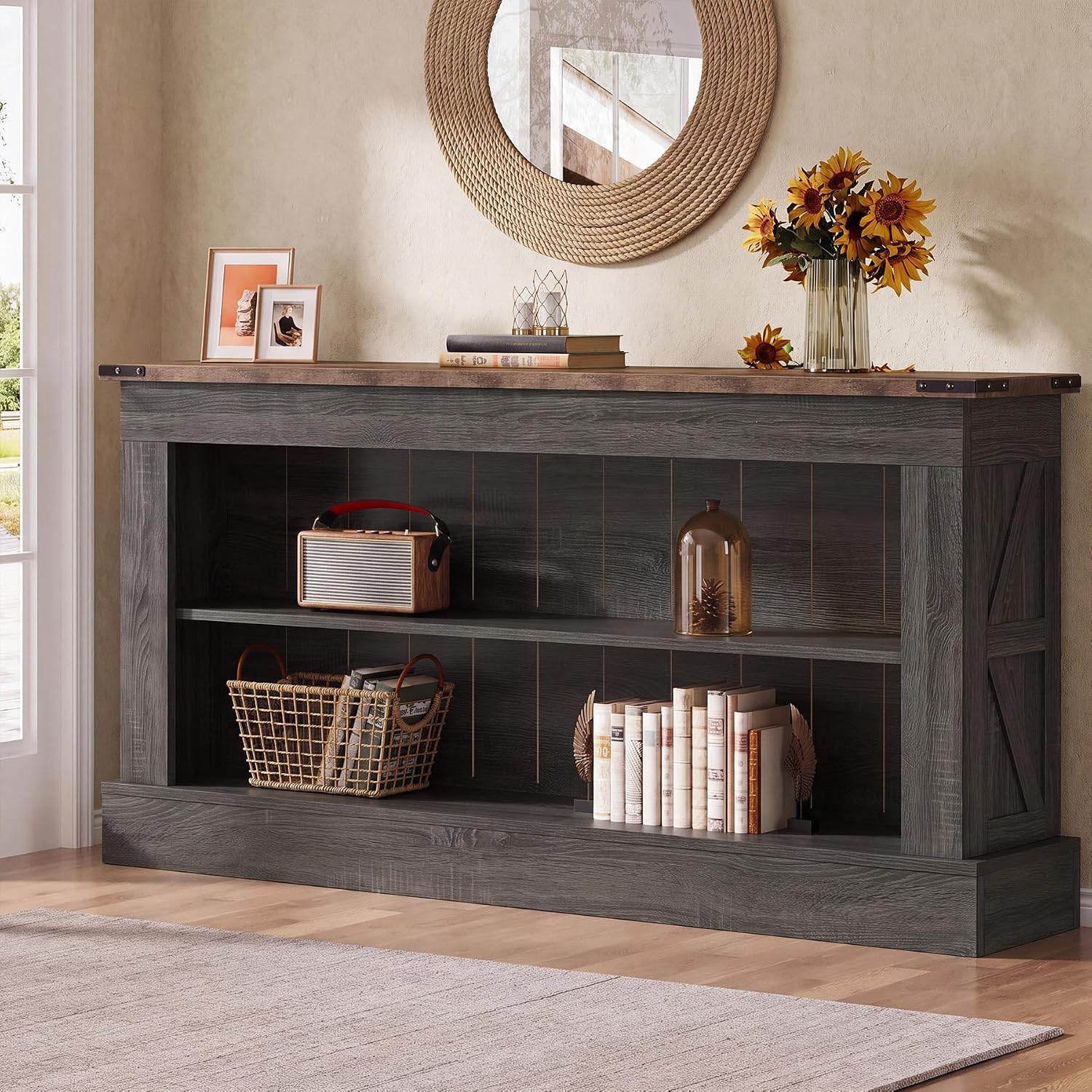 Tribesigns 63" Console Table, 3-Tier Entryway Table with Storage Shelves | Farmhouse Sofa Table, Engineered Wood, Up to 300 lb Capacity, Long Console Table for Living Room, for Foyer, Hallway, Black — photo 3