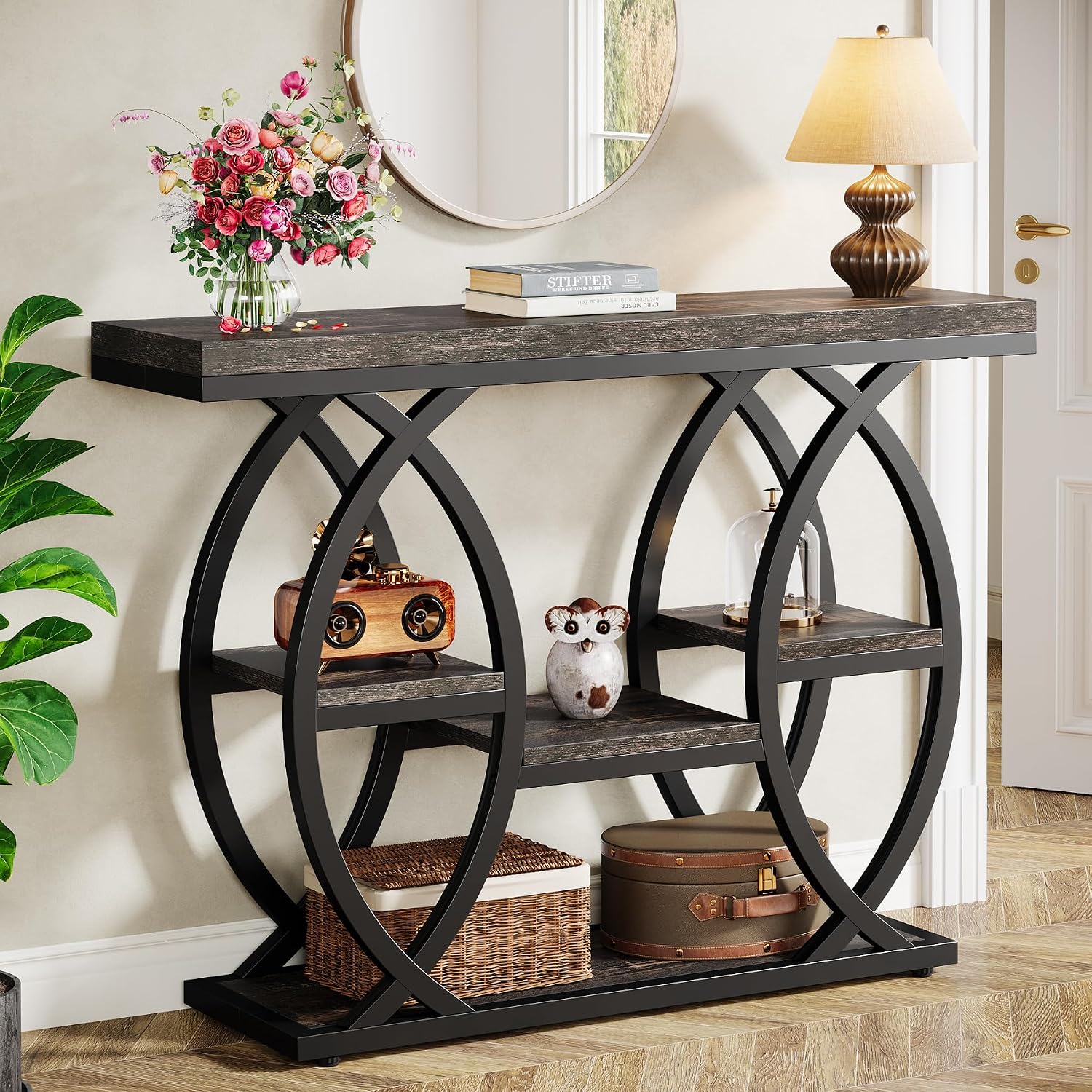 Tribesigns 39.4" Console Table, Sofa Table, Accent Tables, Black Brown | 4-Tier Storage Shelves, Wood Tabletop with Metal Frame, Industrial Style, For Narrow Entryway, Hallway, Behind the Couch