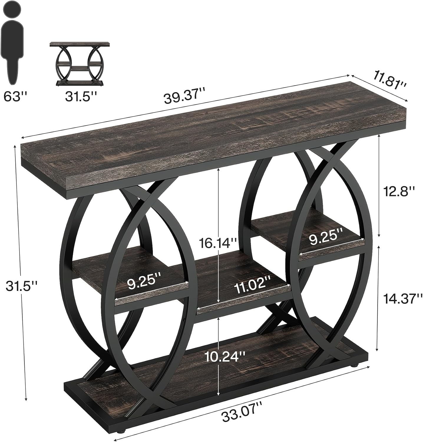 Tribesigns 39.4" Console Table, Sofa Table, Accent Tables, Black Brown | 4-Tier Storage Shelves, Wood Tabletop with Metal Frame, Industrial Style, For Narrow Entryway, Hallway, Behind the Couch — photo 2