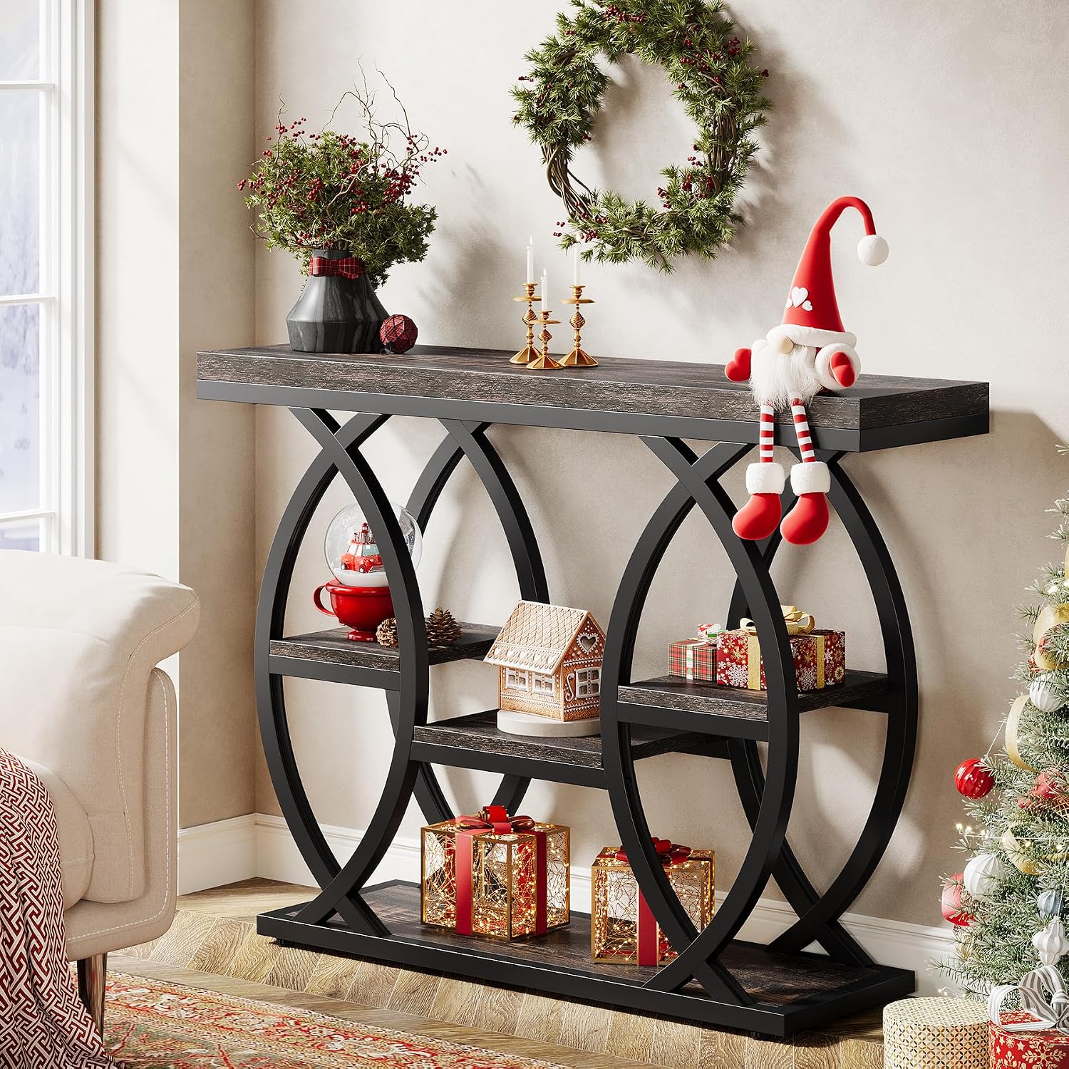Tribesigns 39.4" Console Table, Sofa Table, Accent Tables, Black Brown | 4-Tier Storage Shelves, Wood Tabletop with Metal Frame, Industrial Style, For Narrow Entryway, Hallway, Behind the Couch — photo 3