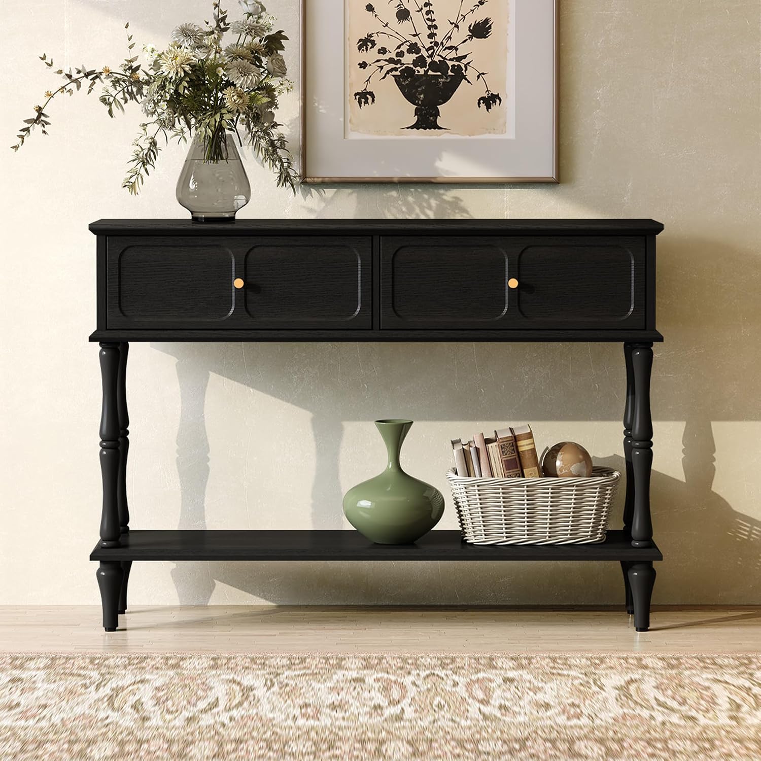 ARTPOWER 47" Mid-Century Console Table, 2 Drawers and Open Shelf, Black | Entryway Table with Storage, Narrow Behind Couch Table for Living Room, Foyer, Hallway