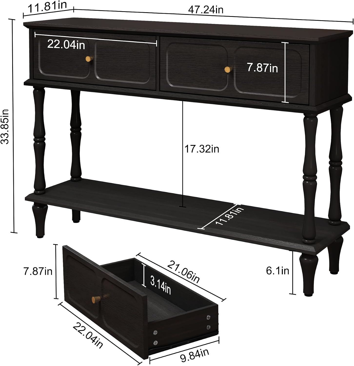 ARTPOWER 47" Mid-Century Console Table, 2 Drawers and Open Shelf, Black | Entryway Table with Storage, Narrow Behind Couch Table for Living Room, Foyer, Hallway — photo 2
