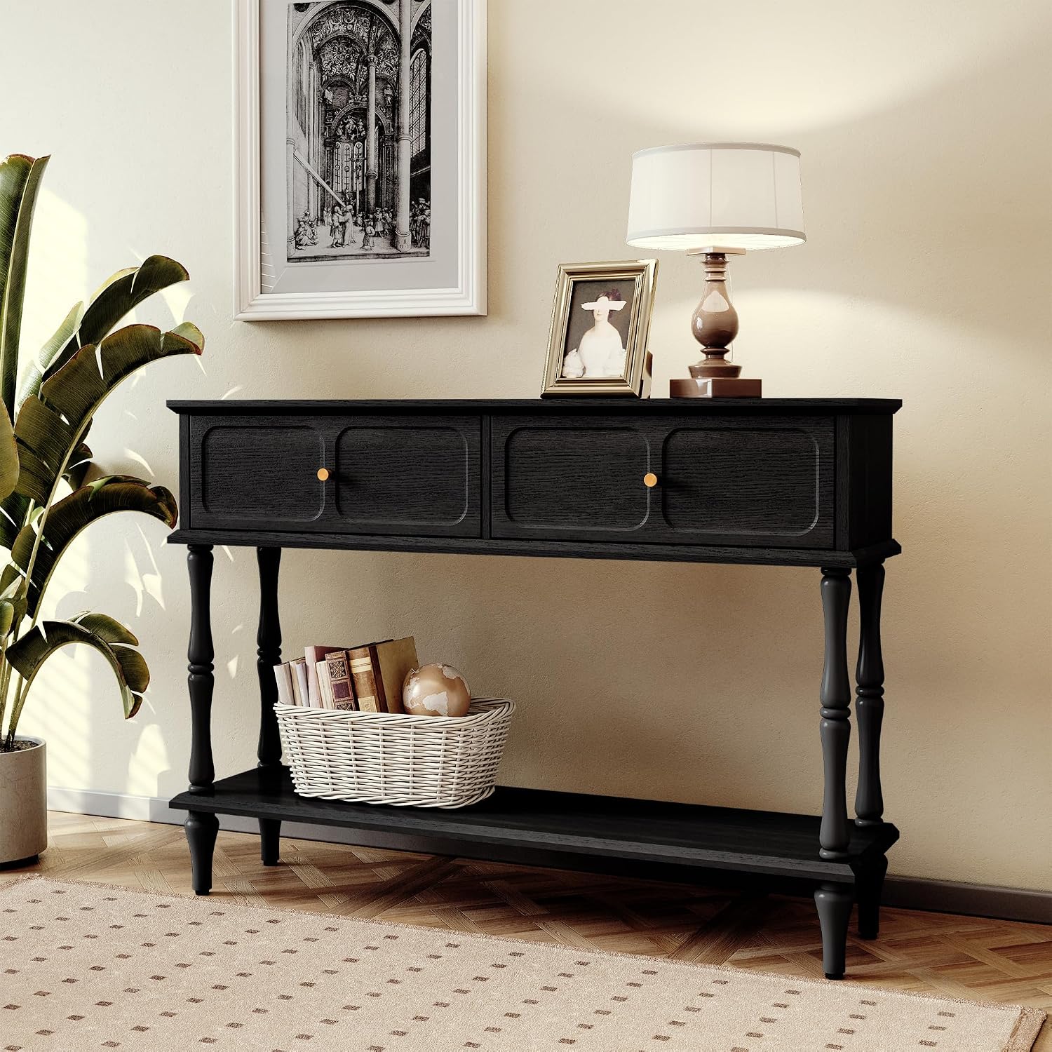 ARTPOWER 47" Mid-Century Console Table, 2 Drawers and Open Shelf, Black | Entryway Table with Storage, Narrow Behind Couch Table for Living Room, Foyer, Hallway — photo 3