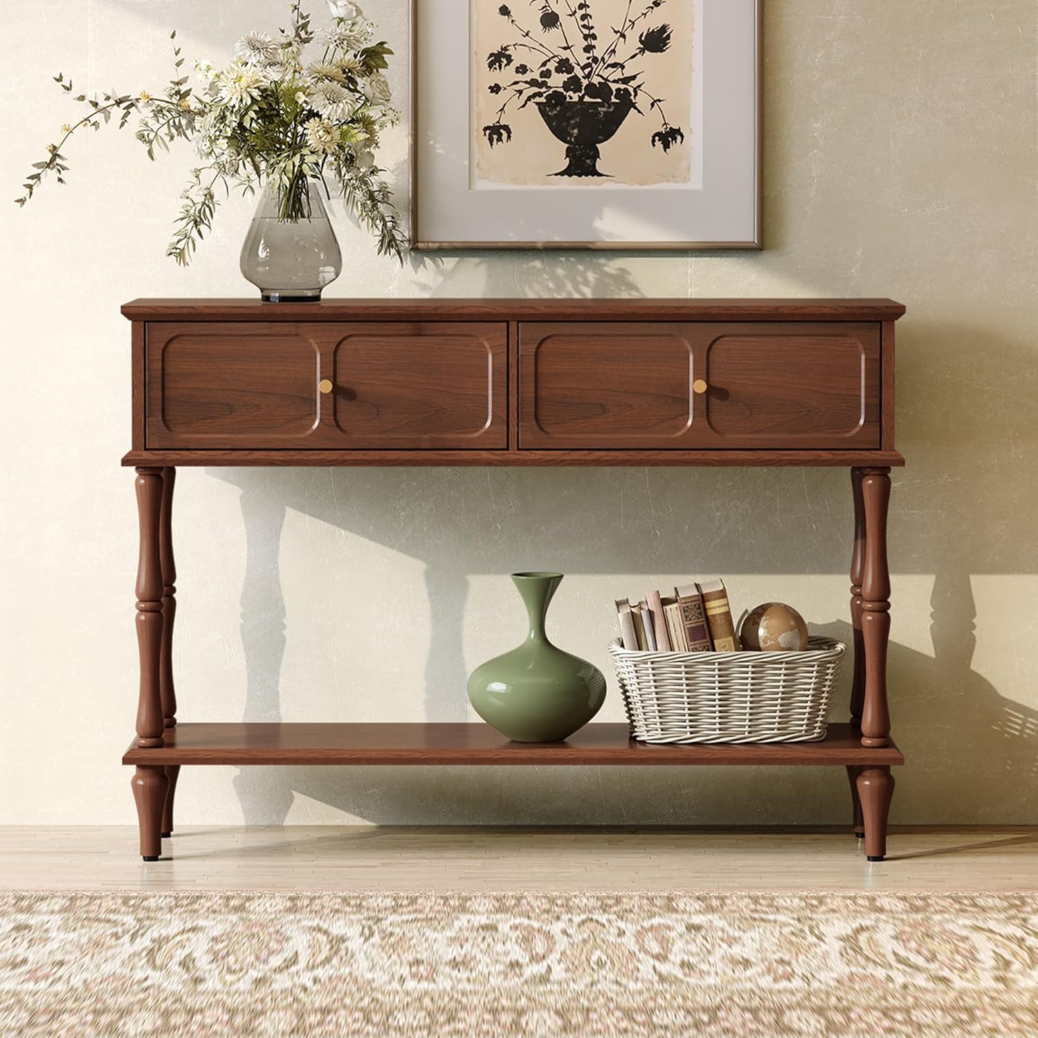 ARTPOWER 47" Mid-Century Console Table, 2 Drawers and Open Shelf, Brown | Entryway Table with Storage, Narrow Behind Couch Table for Living Room, Foyer, Hallway