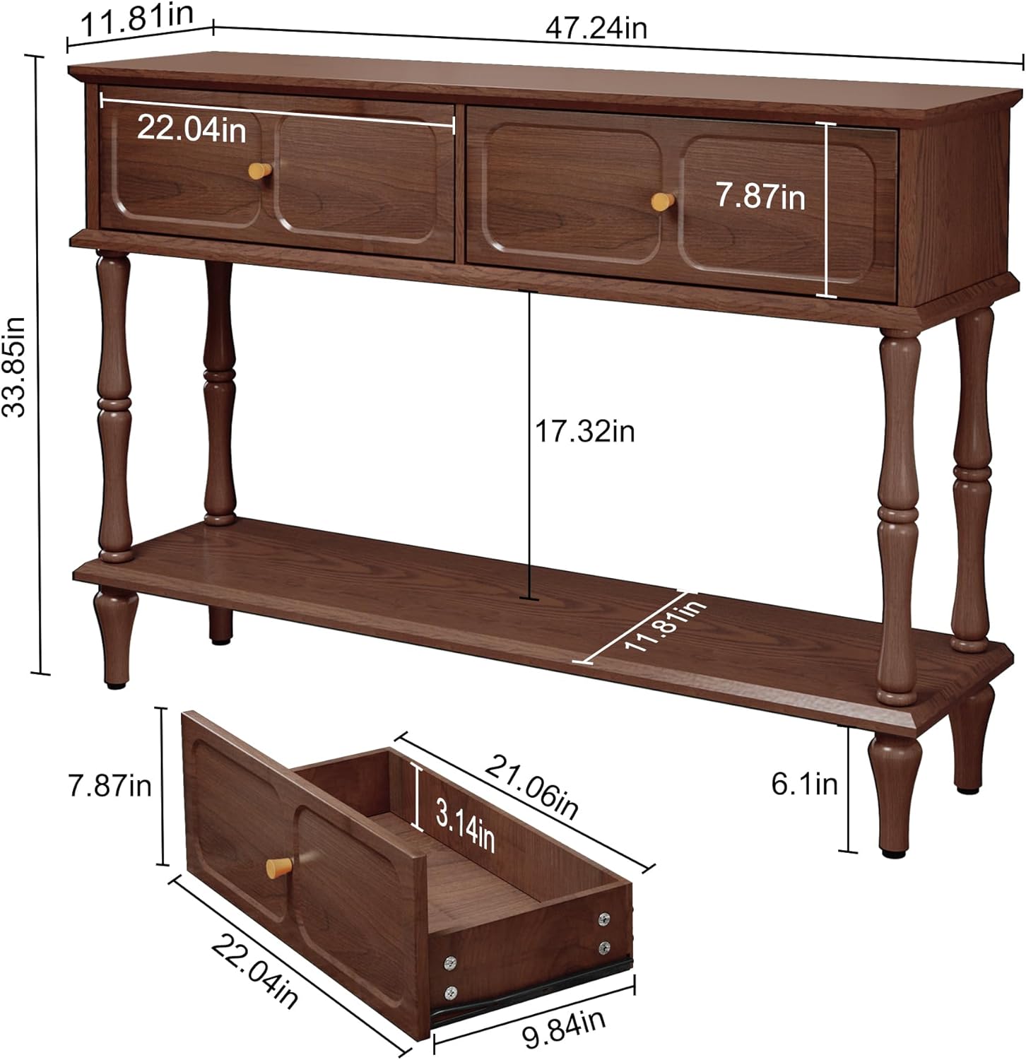 ARTPOWER 47" Mid-Century Console Table, 2 Drawers and Open Shelf, Brown | Entryway Table with Storage, Narrow Behind Couch Table for Living Room, Foyer, Hallway — photo 2