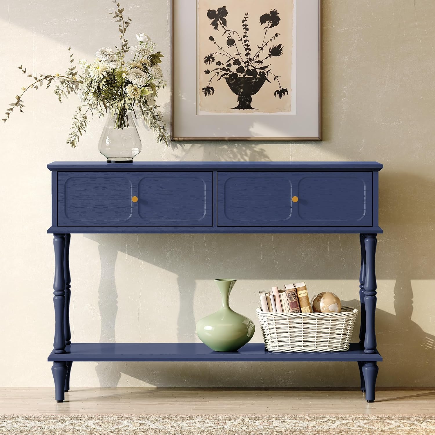 ARTPOWER 47" Mid-Century Console Table, 2 Drawers and Open Shelf, Blue | Entryway Table with Storage, Narrow Behind Couch Table for Living Room, Foyer, Hallway
