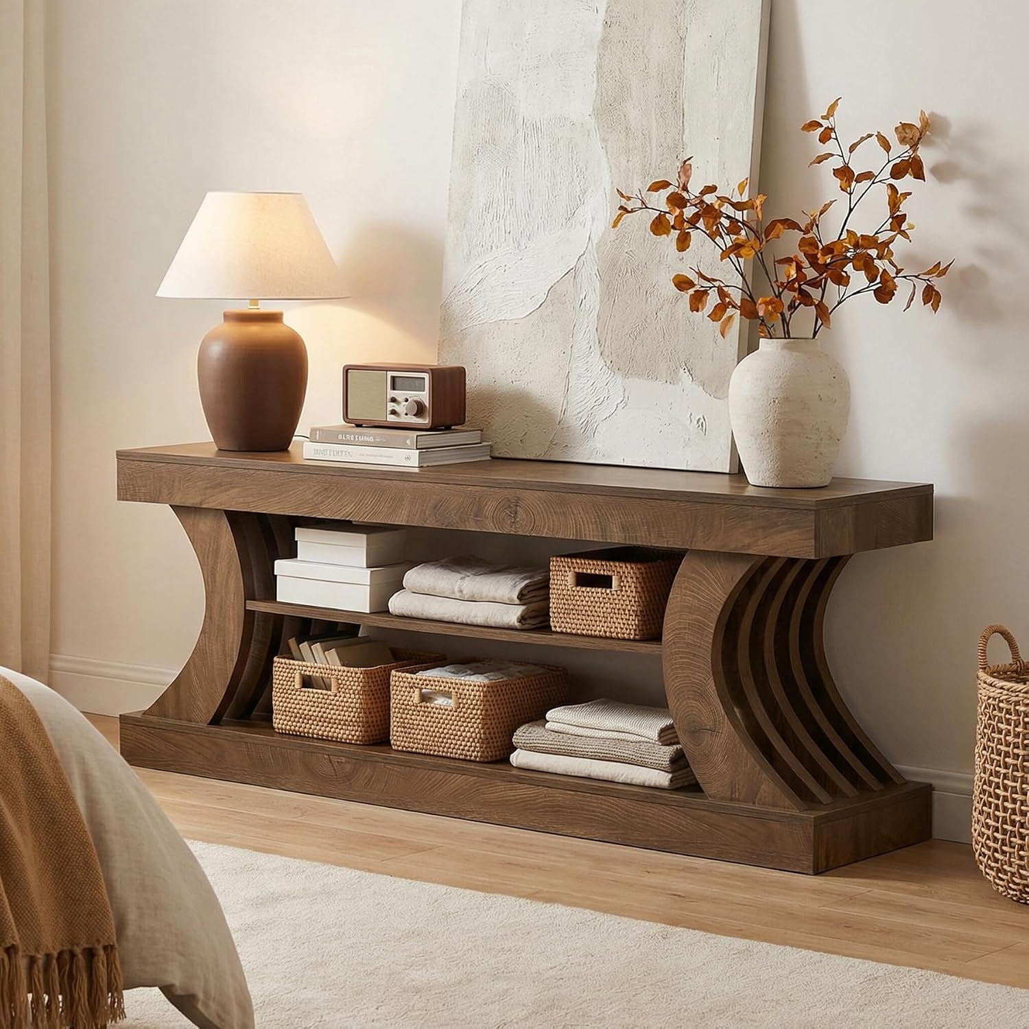 Tribesigns 63-Inch Farmhouse Entryway Console Table with Storage, TV Console with Curved Design for Living Room, Bedroom, Brown (Brown, 15.75" D x 63" W x 23.6" H)