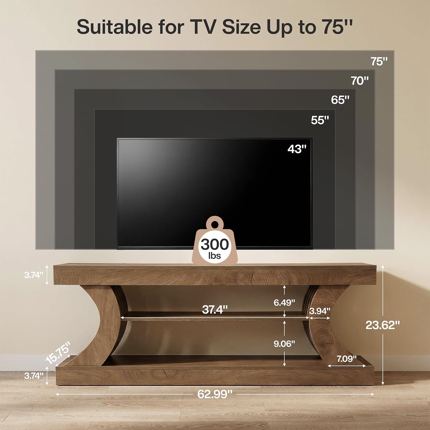 Tribesigns 63-Inch Farmhouse Entryway Console Table with Storage, TV Console with Curved Design for Living Room, Bedroom, Brown (Brown, 15.75" D x 63" W x 23.6" H) — photo 2