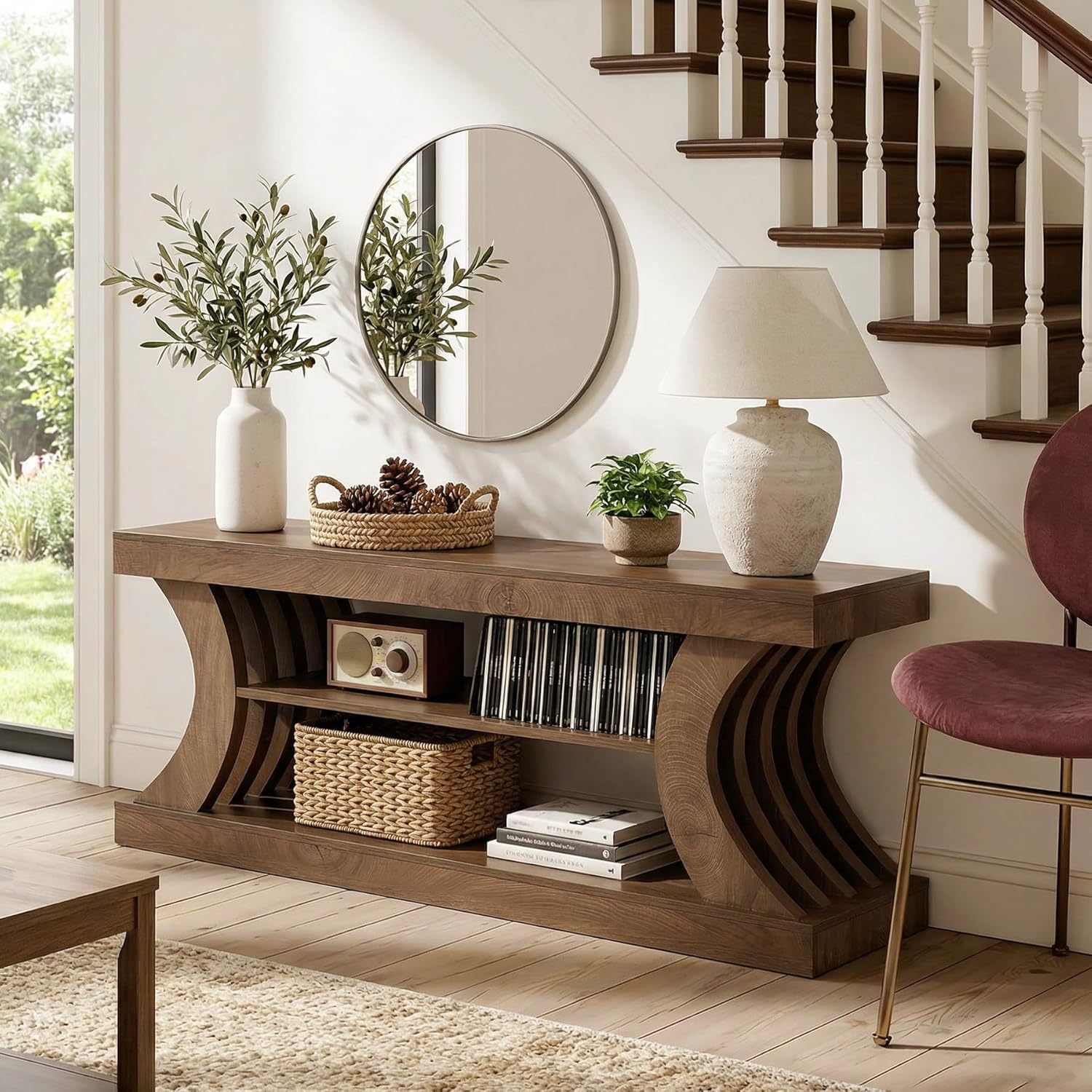 Tribesigns 63-Inch Farmhouse Entryway Console Table with Storage, TV Console with Curved Design for Living Room, Bedroom, Brown (Brown, 15.75" D x 63" W x 23.6" H) — photo 3