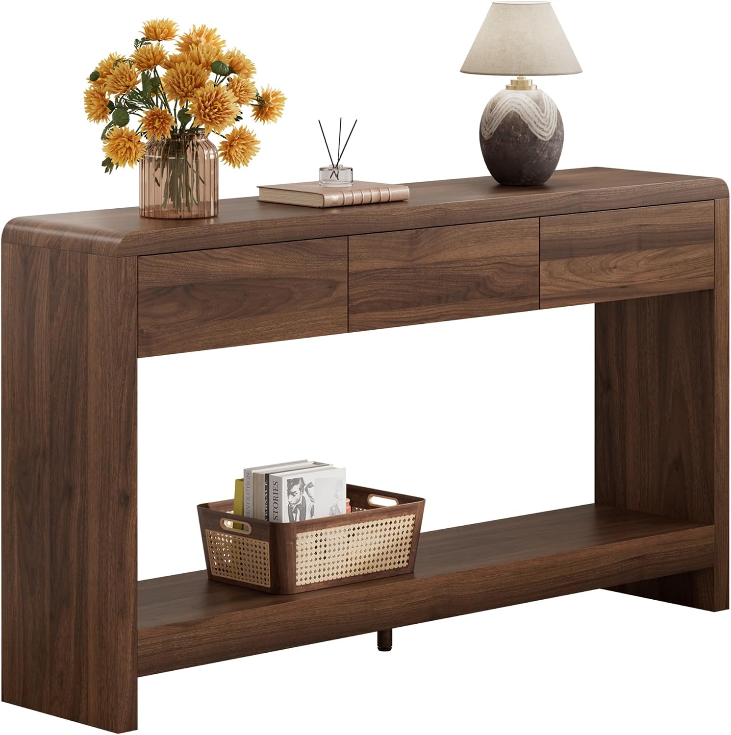 55 Inch Entryway Table with 3 Drawers, Waterfall Console Table, Slim 11.8-Inch Profile with Open Shelf and 265 lb Top Capacity for Large Hallway or Living Room
