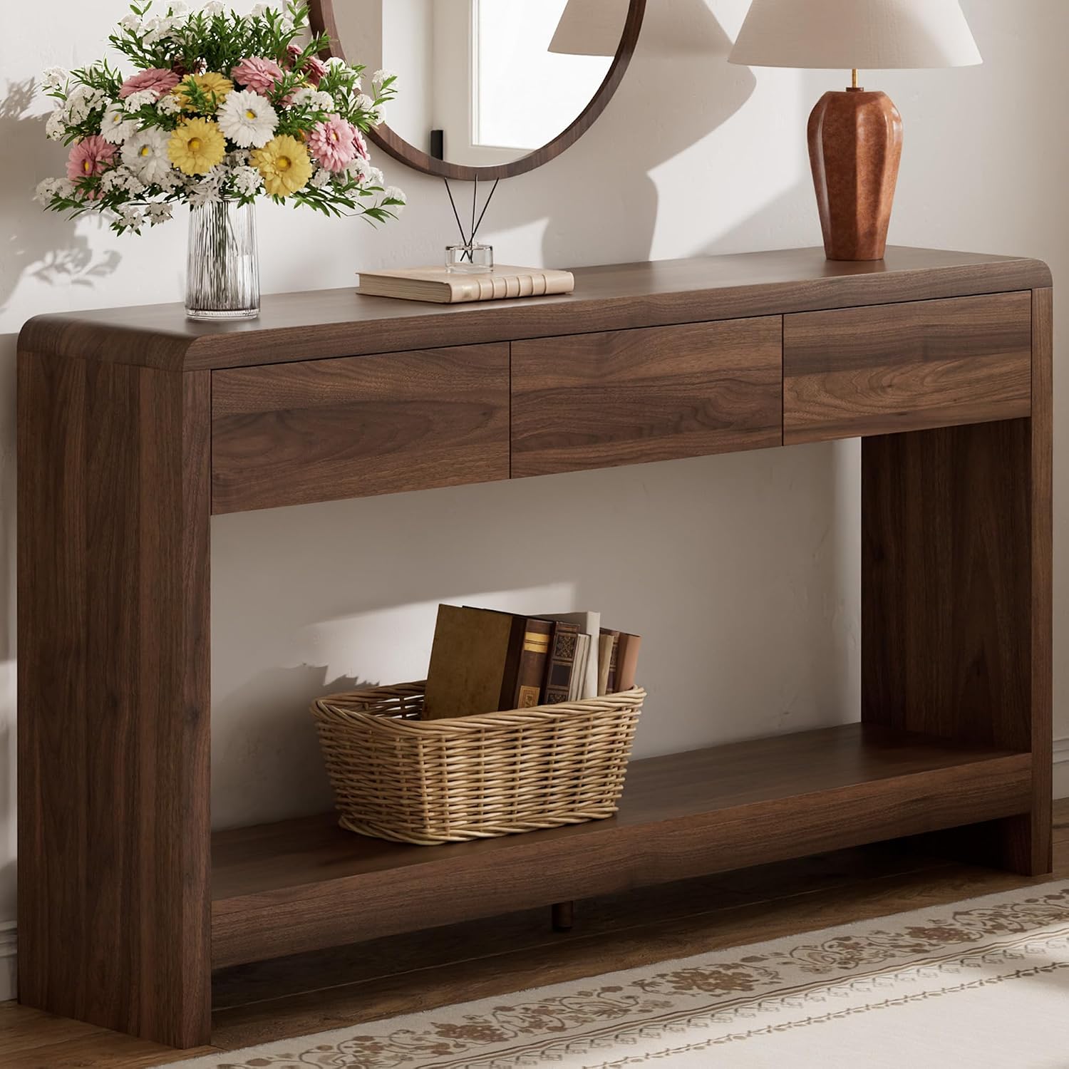 55 Inch Entryway Table with 3 Drawers, Waterfall Console Table, Slim 11.8-Inch Profile with Open Shelf and 265 lb Top Capacity for Large Hallway or Living Room — photo 2