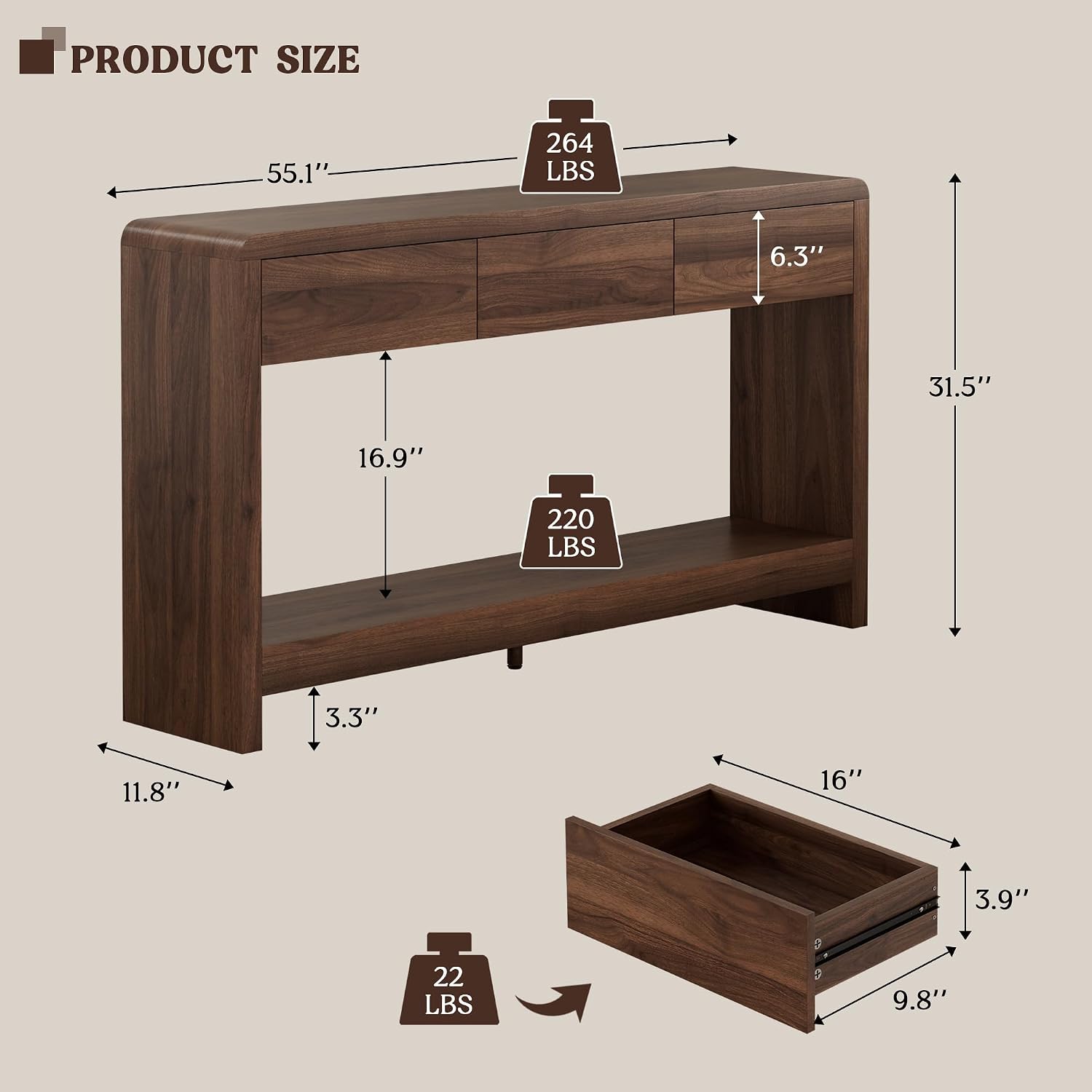 55 Inch Entryway Table with 3 Drawers, Waterfall Console Table, Slim 11.8-Inch Profile with Open Shelf and 265 lb Top Capacity for Large Hallway or Living Room — photo 3