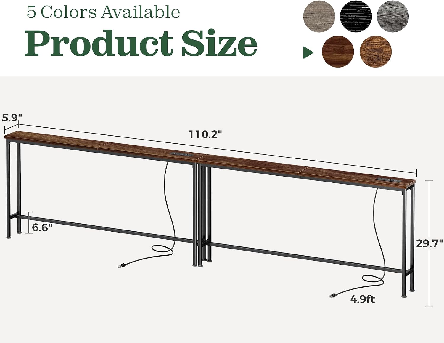 SUPERJARE 110.2 Inch Sofa Table with Power Outlets and USB-C Ports, 5.9 Inch Narrow Console Tables, Entryway Hallway Couch Tables with Storage, Behind Sofa, Living Room, Black — photo 3