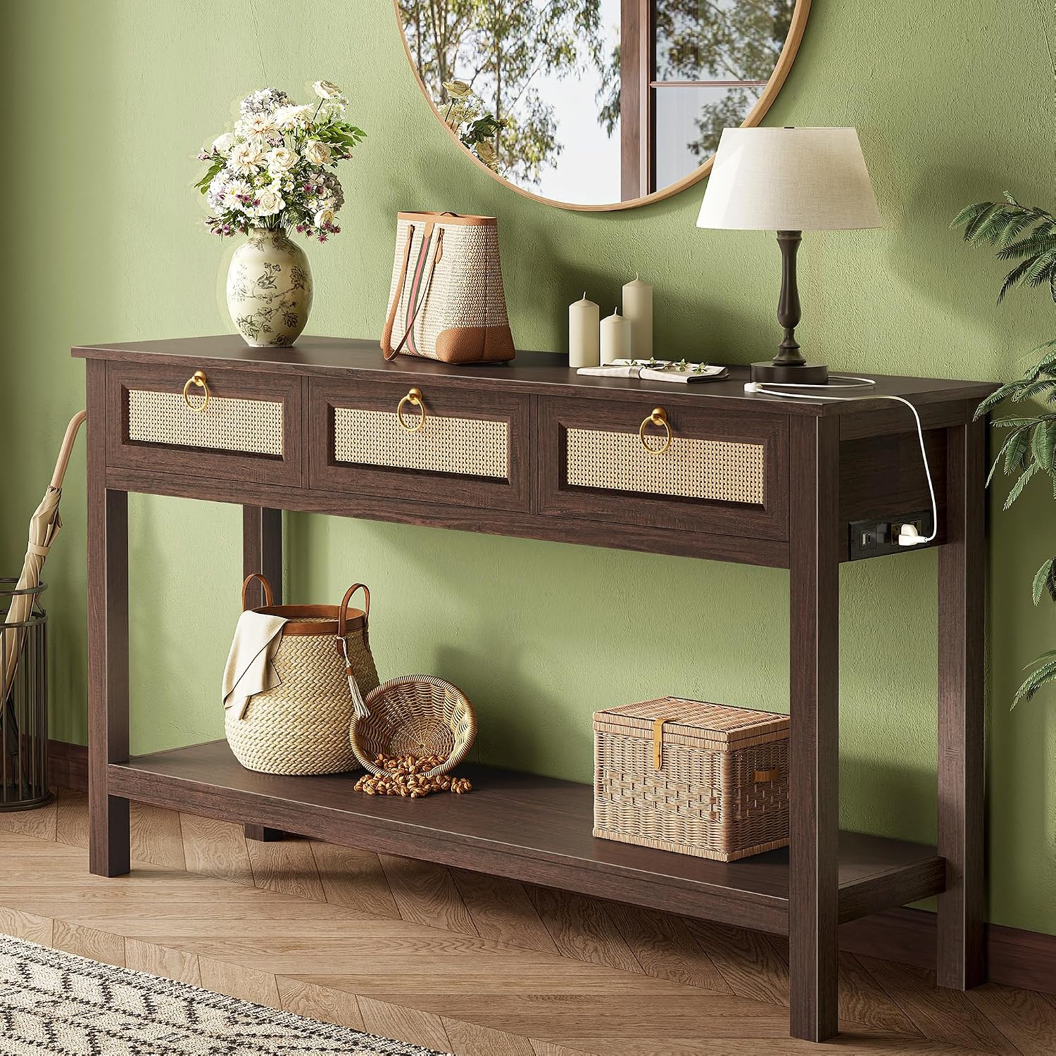 SUPERJARE Rattan Console Sofa Table with Outlets, USB-C Port and 3 Drawers | Entryway Table with Synthetic Rattan Surface, Open Shelf, Behind Couch Entry Foyer Hallway Storage, Walnut