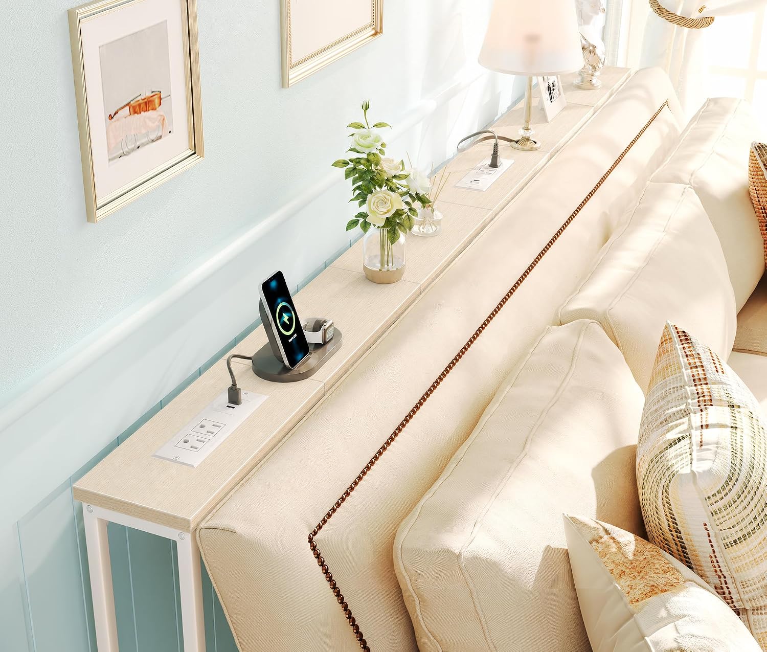 SUPERJARE 78.8 inch Narrow Behind Couch Table with Charging Stations | Power Outlet with USB-C Ports, Extra Storage Behind Sofa, Long Sofa Table Console Table for Entryway Living room, Light Wood — photo 2