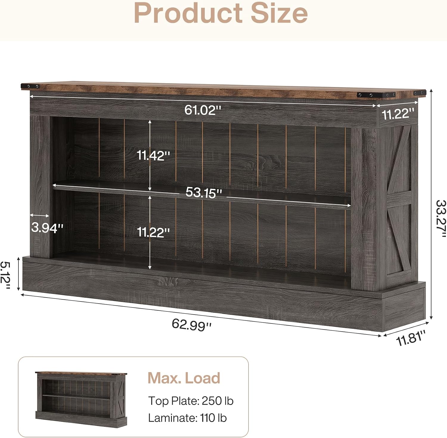Tribesigns 63" Console Table, 3-Tier Entryway Table with Storage Shelves | Farmhouse Sofa Table, Engineered Wood, Up to 300 lb Capacity, Long Console Table for Living Room, for Foyer, Hallway, Gray — photo 2