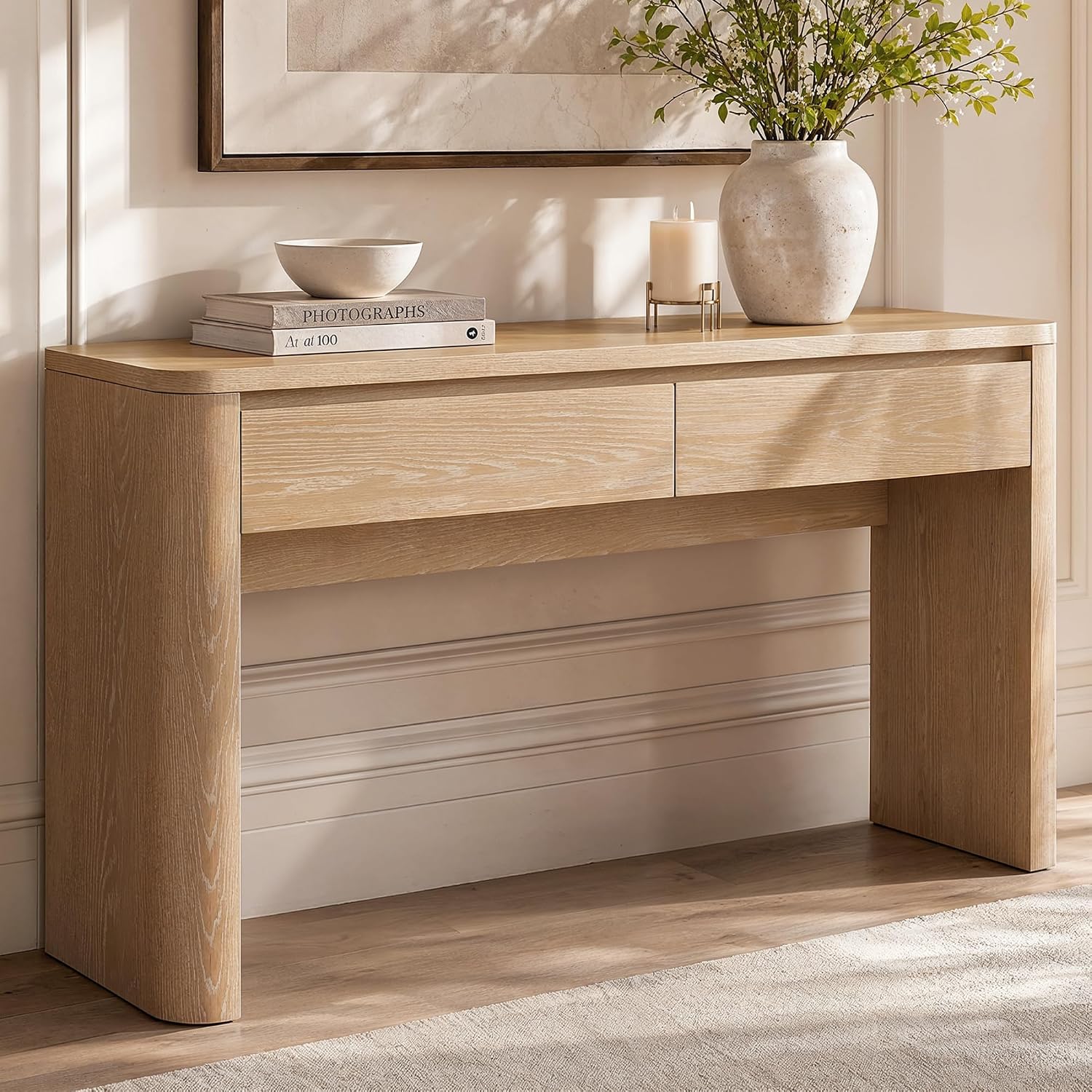 59" Console Table with 2 Drawers, Narrow Entryway Sofa Table with Rounded Corners for Living Room, Entrance, Foyer, Natural Oak