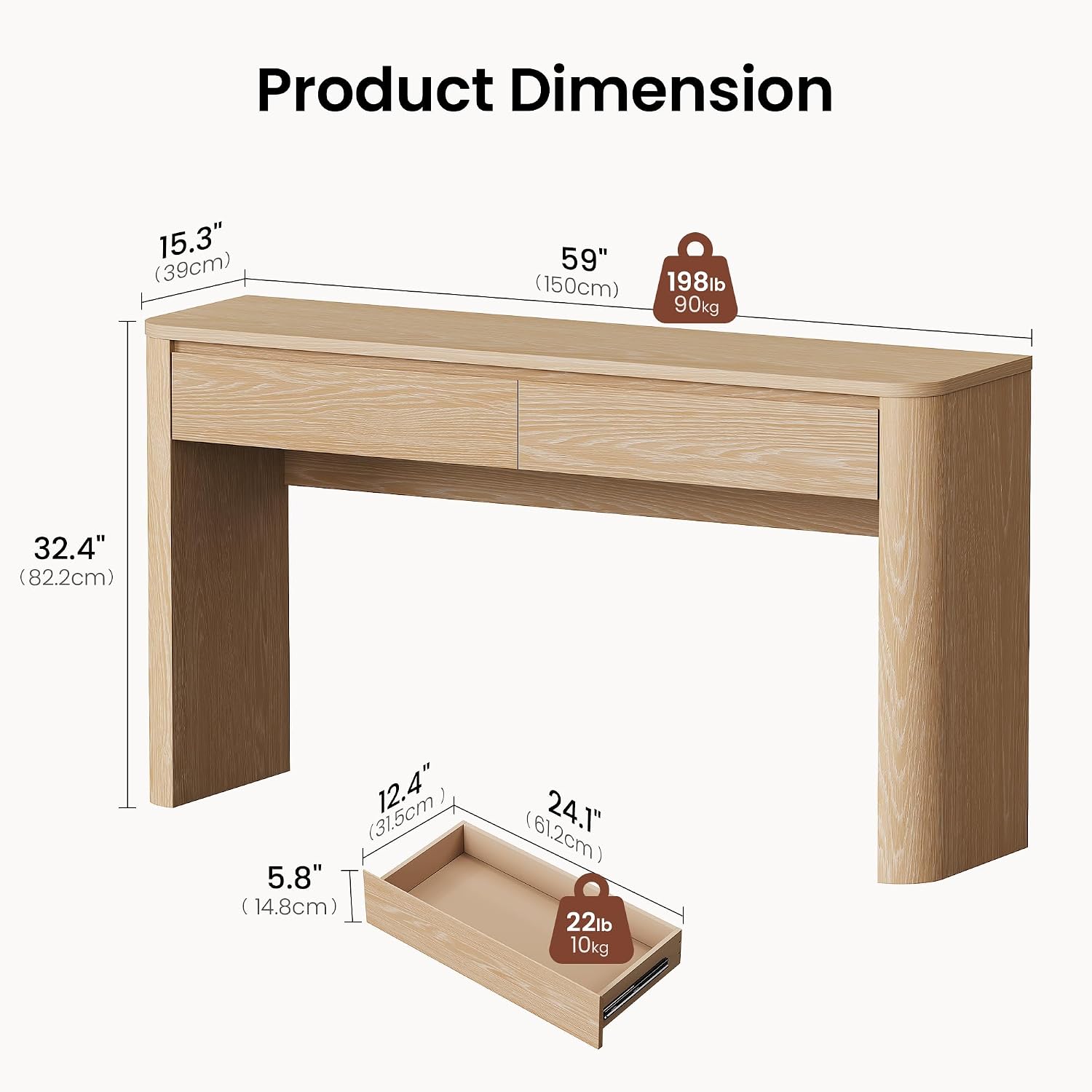 59" Console Table with 2 Drawers, Narrow Entryway Sofa Table with Rounded Corners for Living Room, Entrance, Foyer, Natural Oak — photo 2
